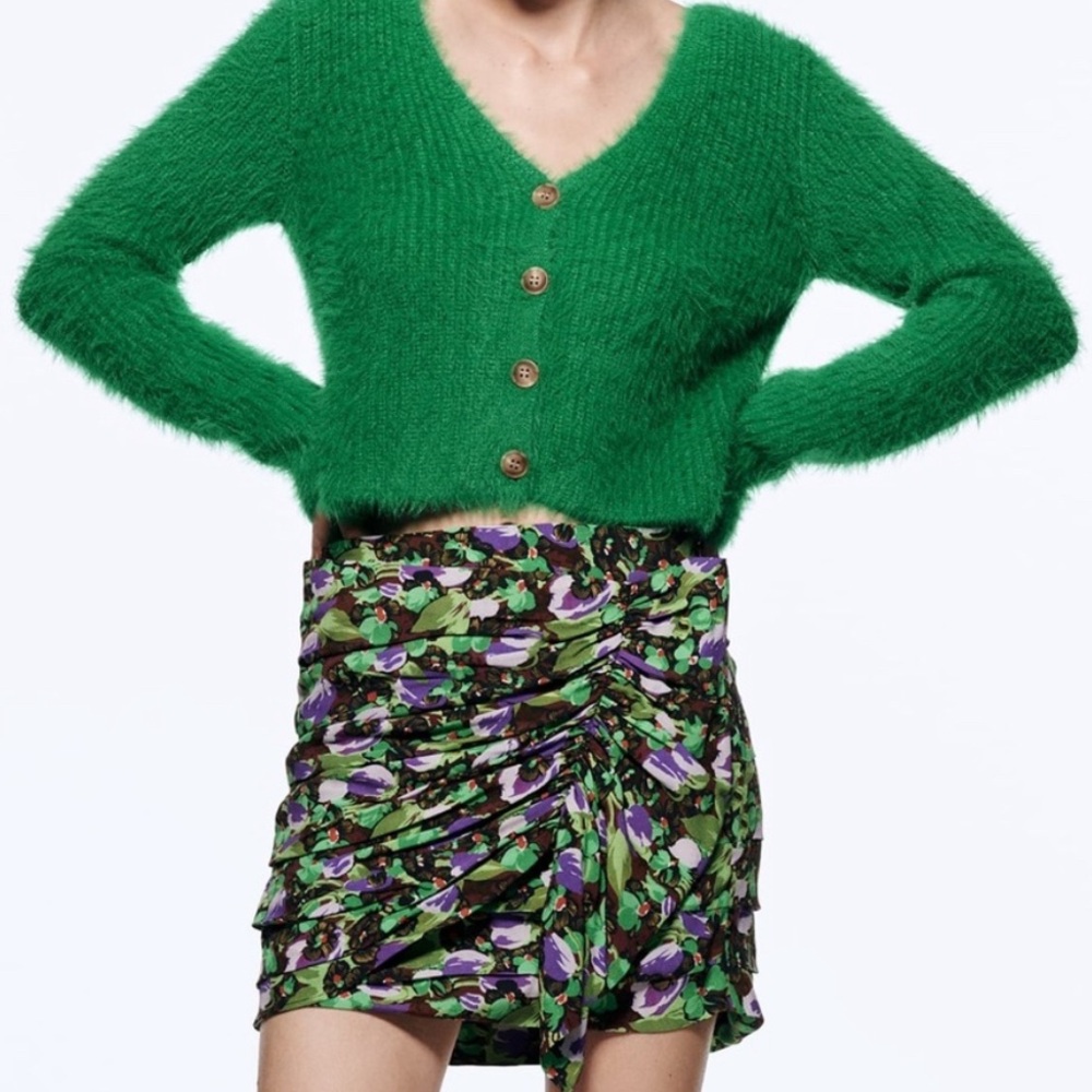 Zara Green Floral Ruched Mini Skirt Small High Waist Purple Print Y2K Fairycore